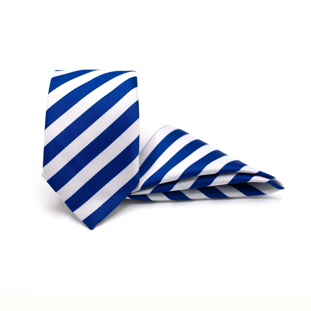 ROYAL BLUE BOLD STRIPED TIE AND POCKET SQUARE SET