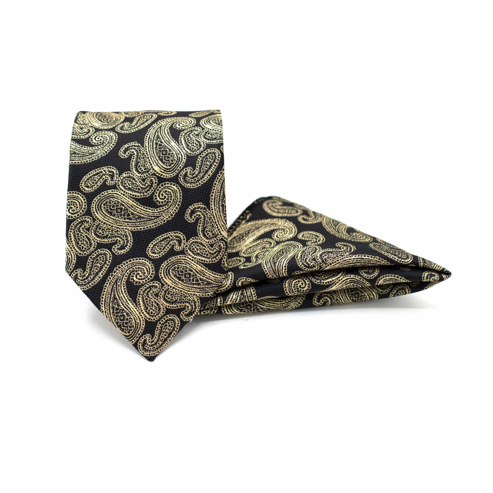 MAJESTIC BLACK & GOLD PAISLEY TIE AND POCKET SQUARE SET