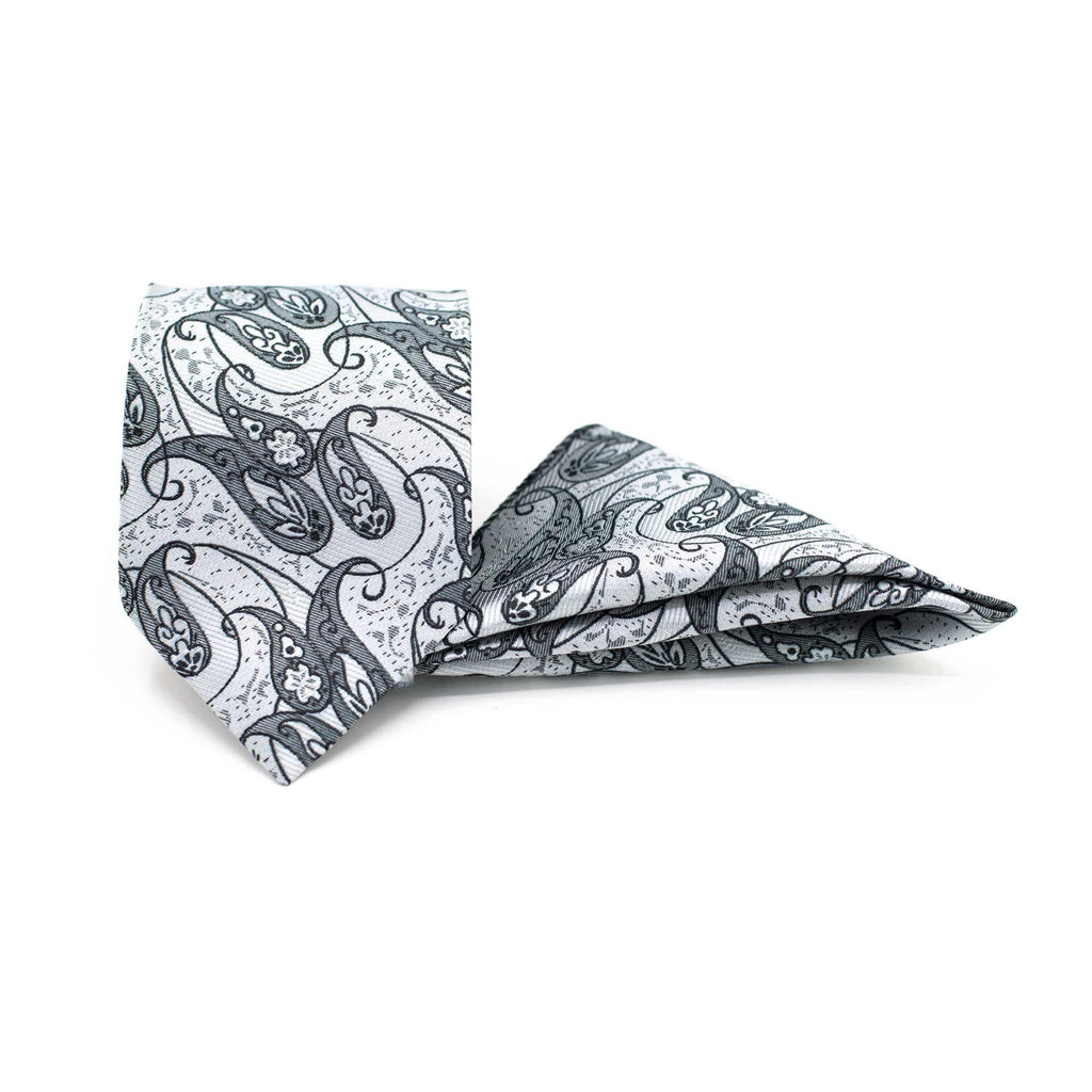 SILVER PAISLEY TIE AND POCKET SQUARE SET