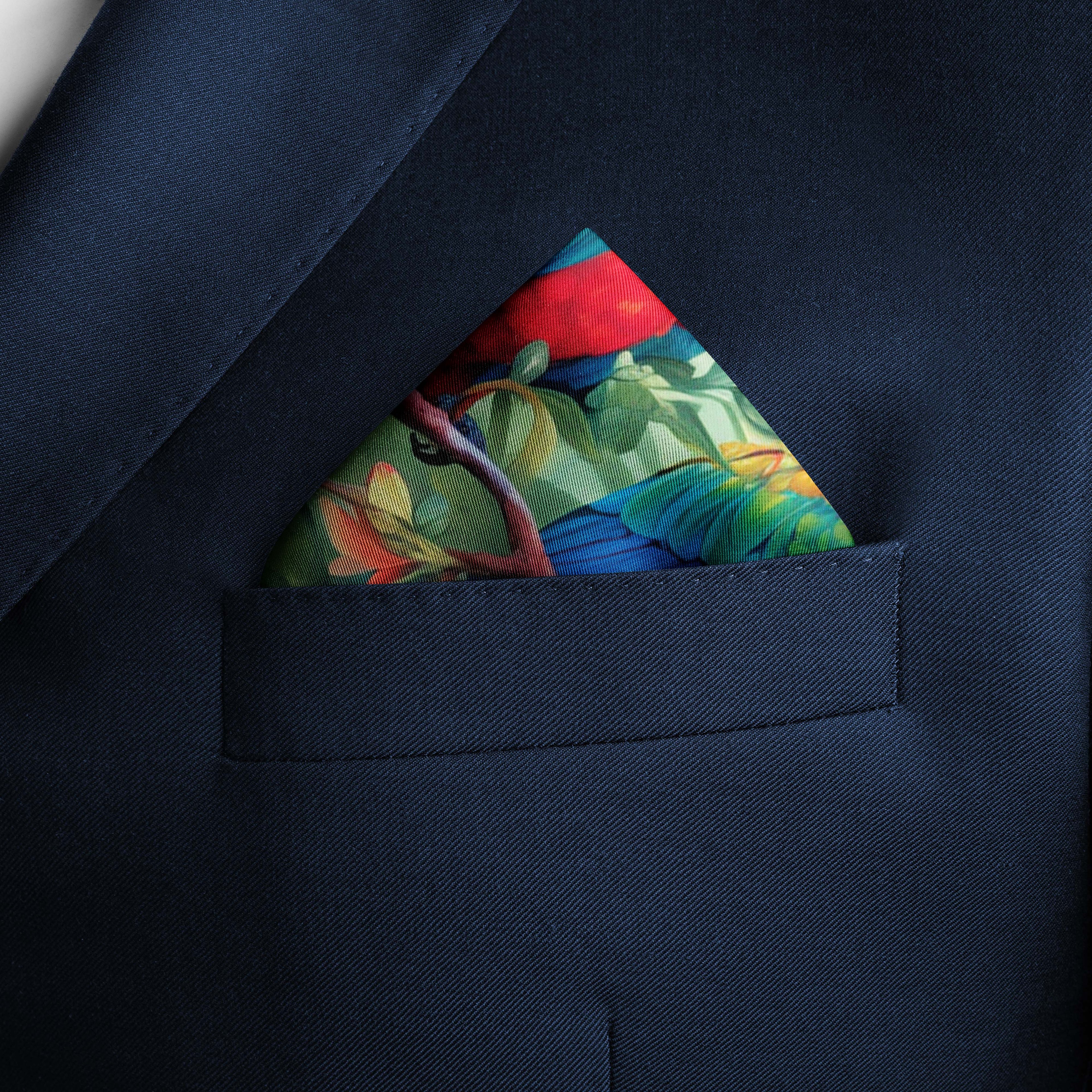 BIRDS AND JUNGLE SILK POCKET SQUARE